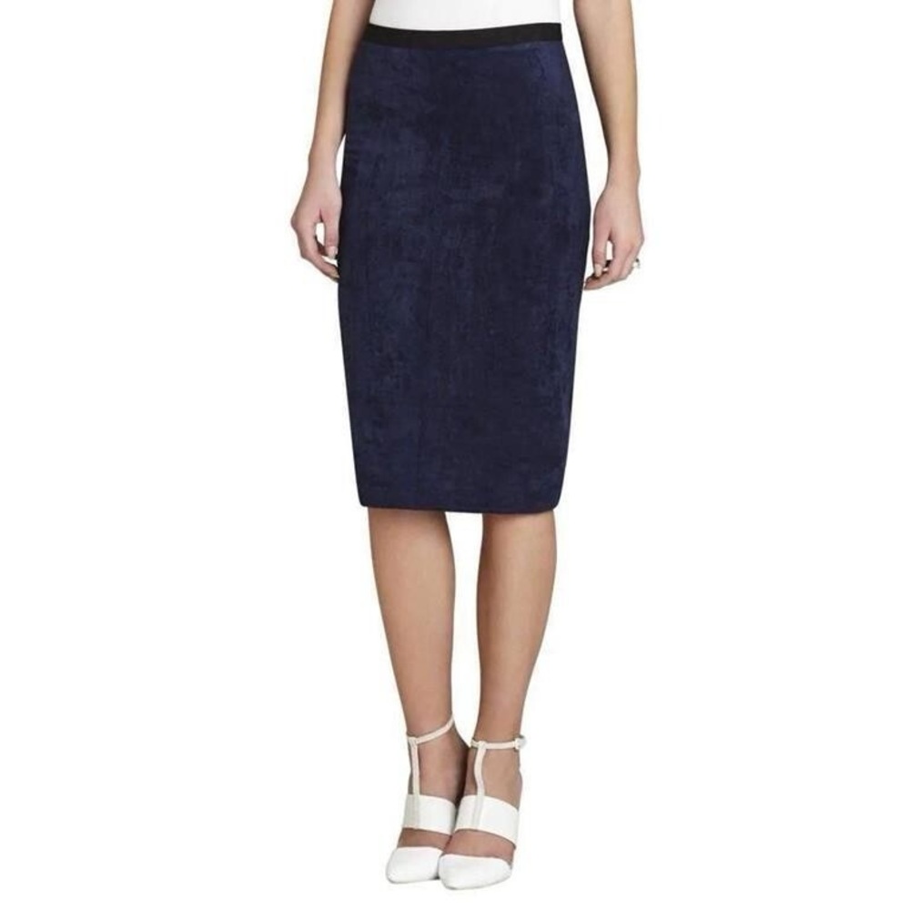 BCBG MAXAZRIA Carbon Navy Blue Faux Suede BESS Back-Zip Pencil Skirt